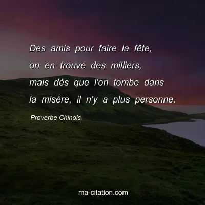 Proverbe Chinois : Des amis pour faire la fÃªte, on en trouve des milliers, mais dÃ¨s que l'on tombe dans la misÃ¨re, il n'y a plus personne.