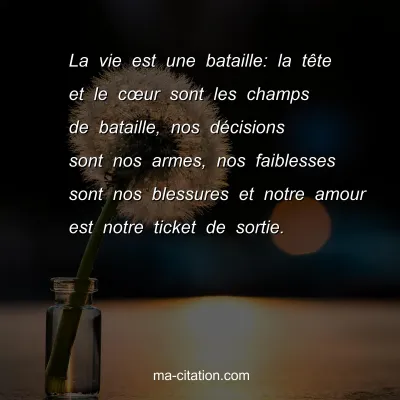 La vie est une bataille: la tÃªte et le cÅ“ur sont les champs de bataille, nos dÃ©cisions sont nos armes, nos faiblesses sont nos blessures et notre amour est notre ticket de sortie.