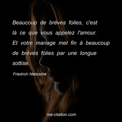 Friedrich Nietzsche : Beaucoup de brÃ¨ves folies, c'est lÃ  ce que vous appelez l'amour. Et votre mariage met fin Ã  beaucoup de brÃ¨ves folies par une longue sottise.