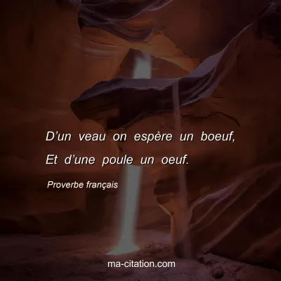 Proverbe franÃ§ais : Dâ€™un veau on espÃ¨re un boeuf, Et dâ€™une poule un oeuf.