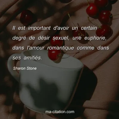 Sharon Stone : Il est important d'avoir un certain degrÃ© de dÃ©sir sexuel, une euphorie, dans l'amour romantique comme dans ses amitiÃ©s.