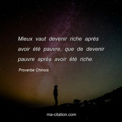 Proverbe Chinois : Mieux vaut devenir riche aprÃ¨s avoir Ã©tÃ© pauvre, que de devenir pauvre aprÃ¨s avoir Ã©tÃ© riche.