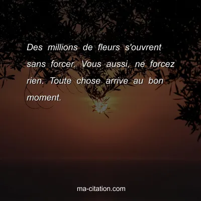 Des millions de fleurs s'ouvrent sans forcer. Vous aussi, ne forcez rien. Toute chose arrive au bon moment.