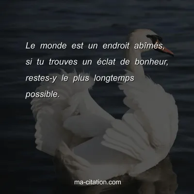 Le monde est un endroit abÃ®mÃ©s, si tu trouves un Ã©clat de bonheur, restes-y le plus longtemps possible.