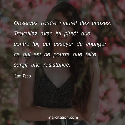 Lao Tseu : Observez l'ordre naturel des choses. Travaillez avec lui plutÃ´t que contre lui, car essayer de changer ce qui est ne pourra que faire surgir une rÃ©sistance. 