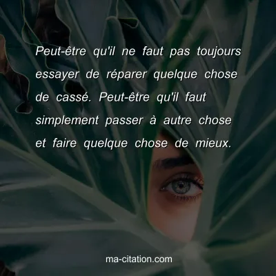 Peut-Ãªtre qu'il ne faut pas toujours essayer de rÃ©parer quelque chose de cassÃ©. Peut-Ãªtre qu'il faut simplement passer Ã  autre chose et faire quelque chose de mieux.