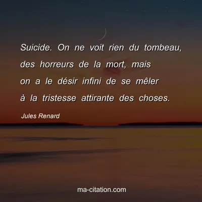 Jules Renard : Suicide. On ne voit rien du tombeau, des horreurs de la mort, mais on a le dÃ©sir infini de se mÃªler Ã  la tristesse attirante des choses.