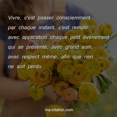 Vivre, c'est passer consciemment par chaque instant, c'est remplir avec application chaque petit Ã©vÃ©nement qui se prÃ©sente, avec grand soin, avec respect mÃªme, afin que rien ne soit perdu.